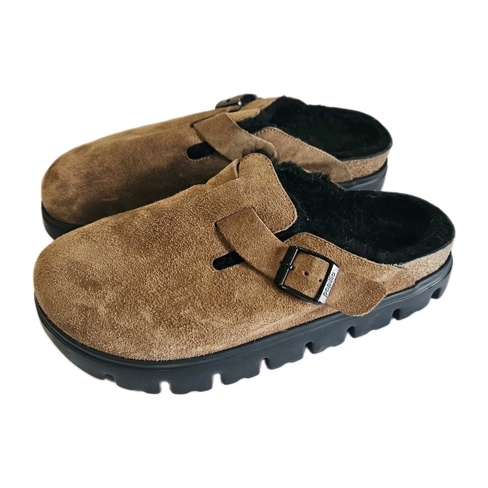 Papillio Birkenstock Boston Chunky Shearling Lined Suede Brown Leather Sz L9/M7